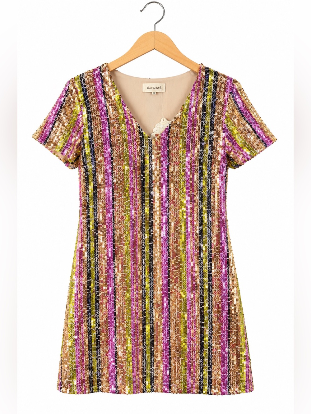 Altar’d State Multicolor Sequin Stripe Mini Dress Medium NWT V Neck Party